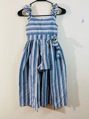 Bonnie Jean Girls' Blue & White Striped Ruffle-Shoulder Romper Dress Size 7